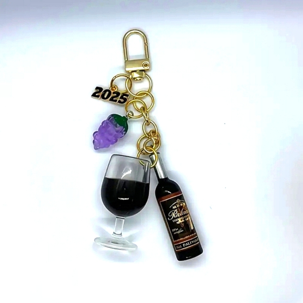 Large Wine Bottle and Glass Keychain with 2025 Charm
